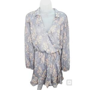 Vici Women's Gray & Peach Floral Swiss Dot Long Sleeve V Neck  Ruffle Dress  L